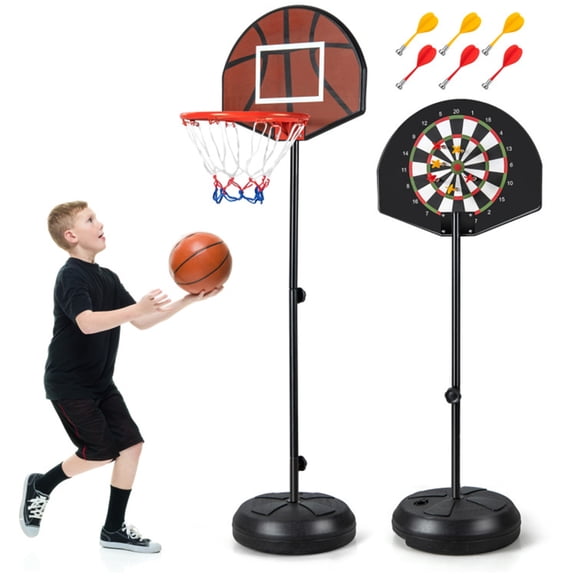 2-in-1 Toddler Basketball Hoop Set Double-Sided Basketball Dart Board Adjustable Height Black CY