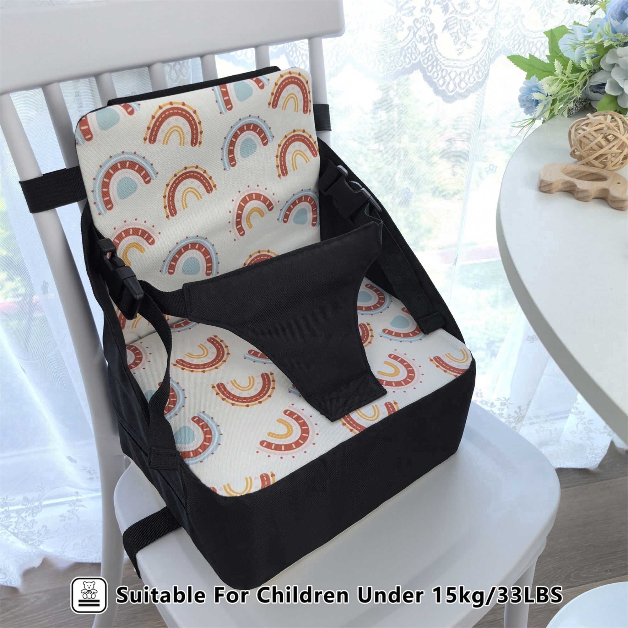 GOLDCOLIN 2-in-1 Toddler Booster Seat & Diaper Bag Folds into Bag with Mesh Side Pockets Storage for Diapers Bottles Waterproof Portable Adjustable Straps Non-Slip