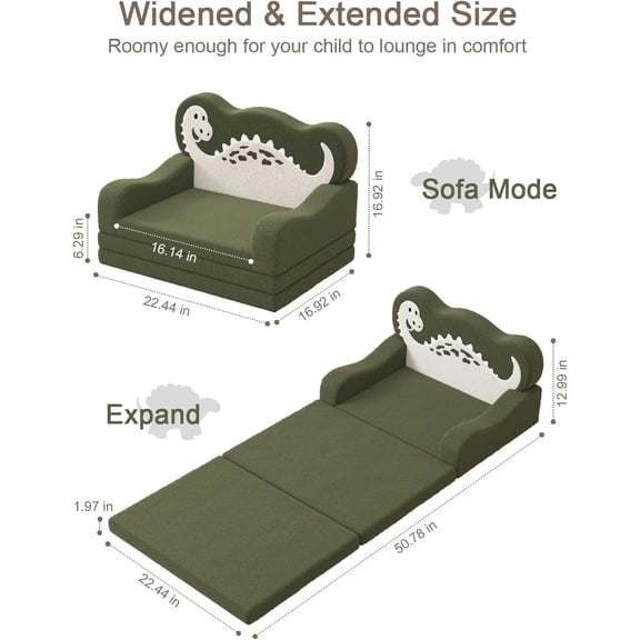 2-in-1 Toddler Couch Fold Out, Foldable Kids Sofa, Kids Chairs Comfy, Gift for Boys, Gift for Birthday, Children's Day, Dark Green Dinosaur