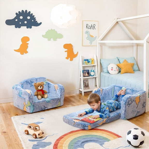 2-in-1 Toddler Couch Glow in Dark Floor Bed Foldable Kids Sofa for Playroom Convertible Lounger for Girls and Boys Blue Dinosaur