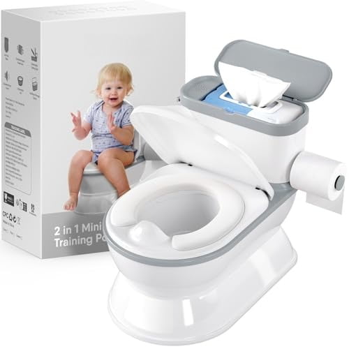 2-in-1 Toddler Potty Training Toilet - Larger Potty Chair & Detachable Training Seat for Boys & Girls Ages 1-3 with Flushing Sound, Wipes Storage, Toilet Paper Holder - Grey