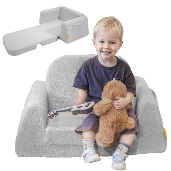 Benarita 2-in-1 Toddler Sofa Chair & Lounger, Reinforced Angled Armrests, Plush Sherpa Fabric, Flip-Open Folding Design with Side Pocket, Gray