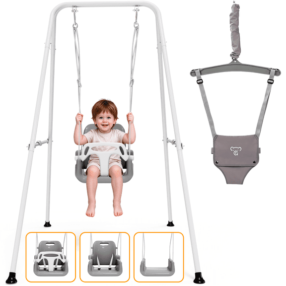 2-in-1 Toddler Swing and Jumper with Frame, Foldable Baby Swing Set, Indoor Outdoor Toddler Playset, Gray