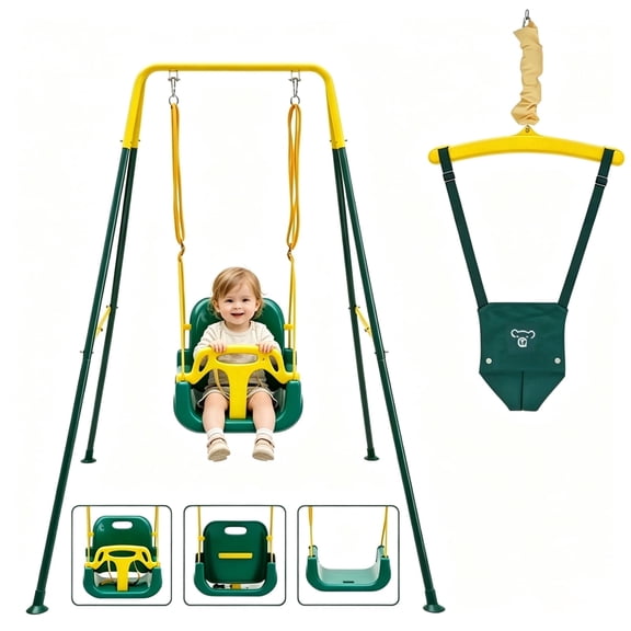 2-in-1 Toddler Swing and Jumper with Frame, Foldable Baby Swing Set, Indoor Outdoor Toddler Playset, Green