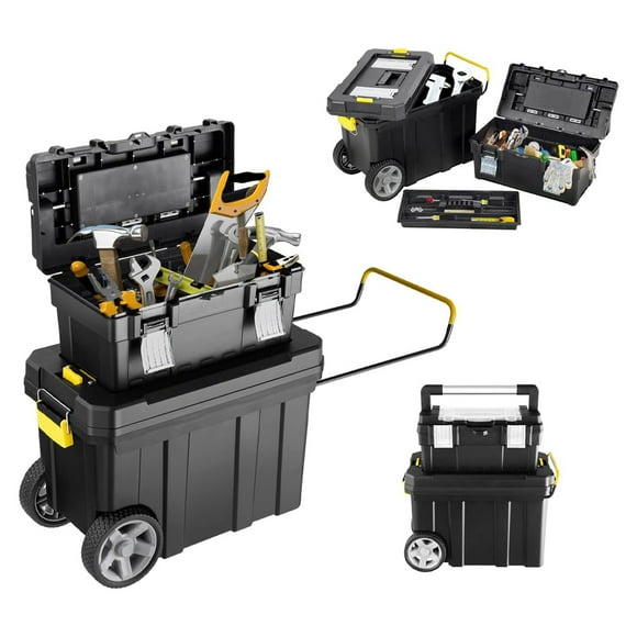 2-in-1 Rolling Workshop Toolbox, Durable Plastic Storage Set with Retaining Buckles and Wheels, Multi-Purpose Organizer for Large Power Tools Black