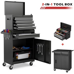 Tool Box on Wheels, 2-IN-1 5-Drawer Rolling Tool Chest Garage Organizer with Wheels Lockable, Metal Tool Cabinet W/Detachable Top Box, Black