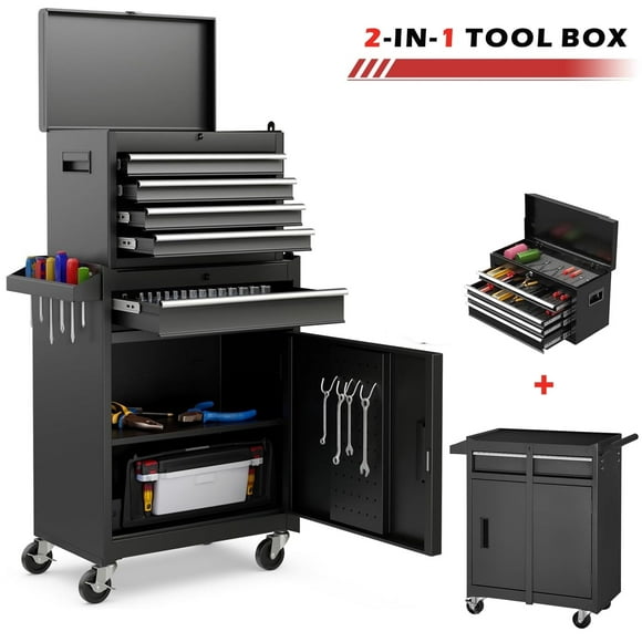 Tool Box on Wheels, 2-IN-1 5-Drawer Rolling Tool Chest Garage Organizer with Wheels Lockable, Metal Tool Cabinet W/Detachable Top Box, Black