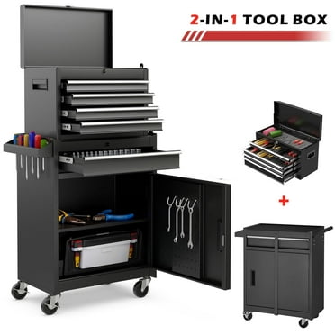 Tool Box on Wheels, 2-in-1 5-Drawer Rolling Tool Box Organizer with Wheels Lockable, Metal Tool Cabinet W/Storage Box, Black