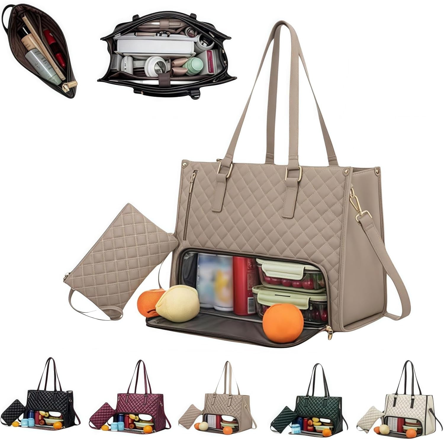 2 in 1 Tote Bag Lunch Bag Combo 15.6 Inch Leakproof Bags Insulated Lunch Compartment Large Capacity Laptop Computer Handbags