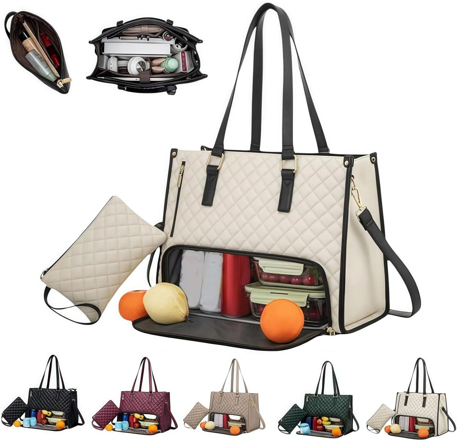 2 in 1 Tote Bag Lunch Bag Combo 15.6 Inch Leakproof Bags Insulated Lunch Compartment Large Capacity Laptop Computer Handbags