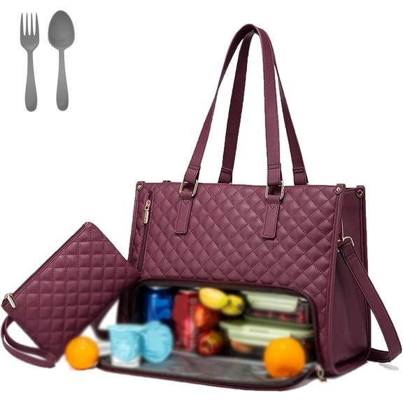 2 in 1 Tote Bag Lunch Bag Combo–7 Colors 15.6 Inch Tote Bag with Lunch Compartment, Office & Travel Handbag for Women