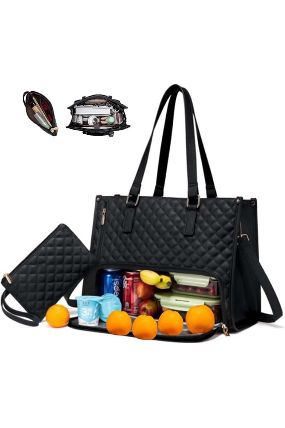 2 in 1 Tote Bag Lunch Bag Combo,Lunch Tote Bag for Women, Large Convertible Laptop Work Handbag for Women (Black)