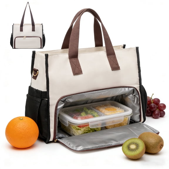 2-in-1 Tote Bag Lunch Bag Combo for Women Large Work Bags with Compartments, Quilted Laptop Tote with Cooler Section, Stylish Insulated Lunch Bags for Women (16" Laptop)