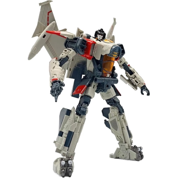 2in1 Transformable Jet Aircraft SciFi Mecha Action Figure, Poseable Beige RedAccent ABS Collectible Model with Display Attachments