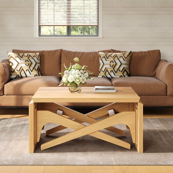 2-in-1 Transformer Coffee Table with Adjustable Height Expandable Dining Table Natural Wood