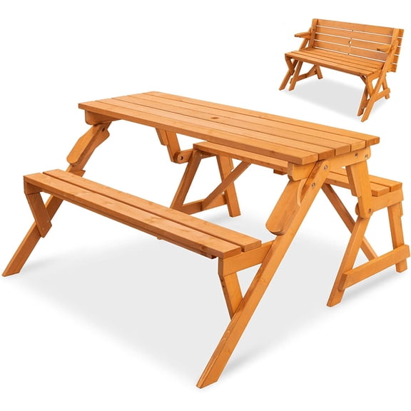 2-in-1 Transforming Interchangeable Outdoor Wooden Picnic Table Garden Bench for Backyard, Porch, Patio, Deck w/Umbrella Hole - Natural