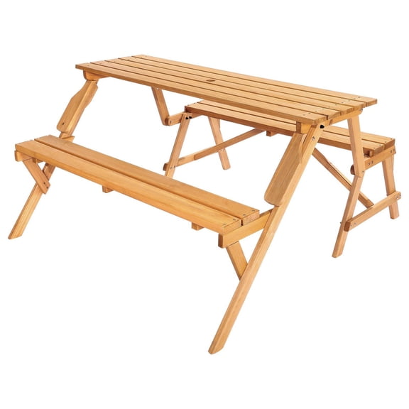 2-in-1 Transforming Interchangeable Picnic Table Wooden Table Bench Set Outdoor, Convertible Patio Furniture with Built-in Umbrella Hole, Durable Fir Wood, Ergonomic Design for Parks, Gardens, Home