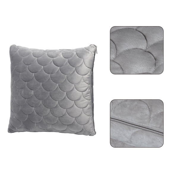 2-in-1 Travel Pillow Blanket, 15" Compact Pillow with Mermaid Scale Quilted Design, Soft Velvet Throw Blanket Convertible for Airplane, Car, Office, Home, Grey
