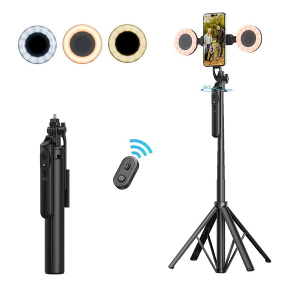 2-in-1 Tripod Selfie Stick with Dual Ring Lights  Extendable, Wireless Remote, Balance Handle  Adjustable Phone Mount, No App Needed