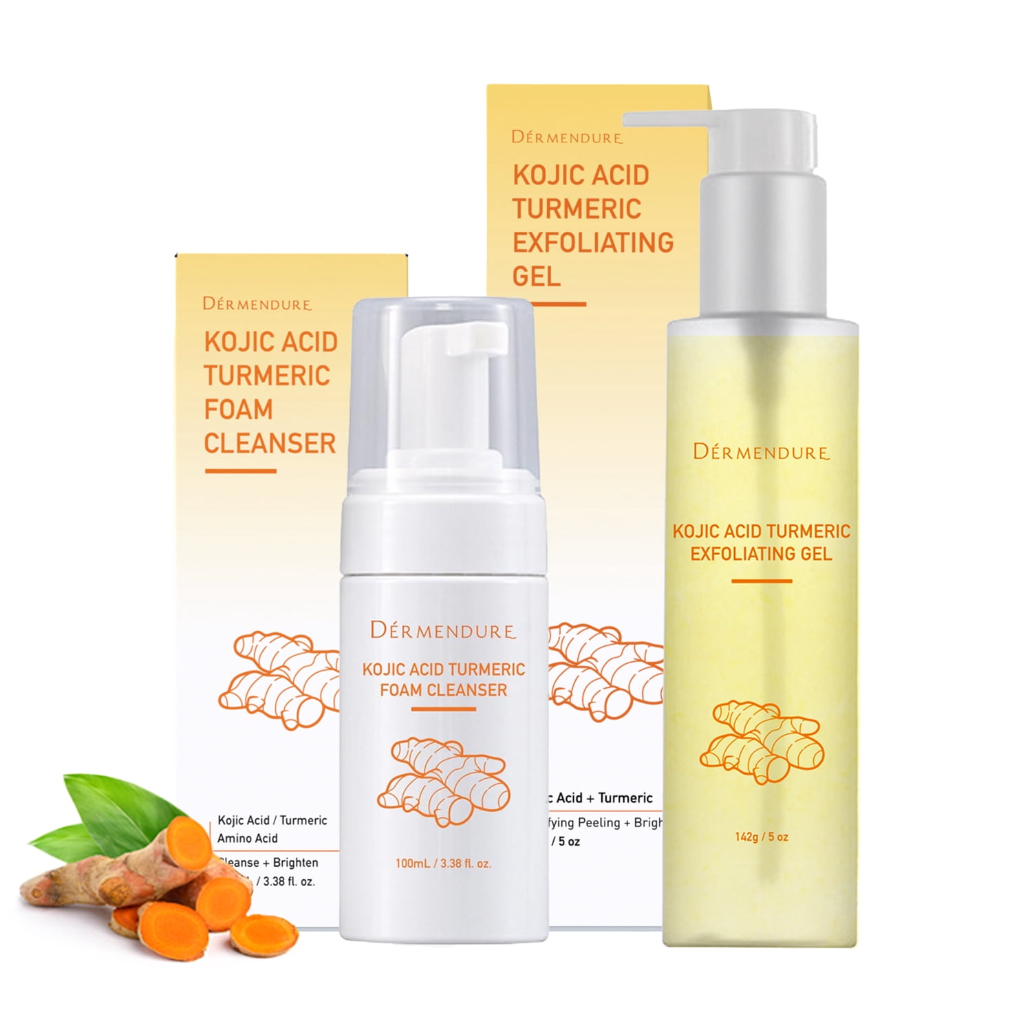 2-in-1 Turmeric & Kojic Acid Brightening Set : Amino Acids Foam Cleanser + Exfoliating Gel Peel Shot, Dead Skin Remover for Face and Body, Underarms, Knees, Brightening & Dark Spot Corrector