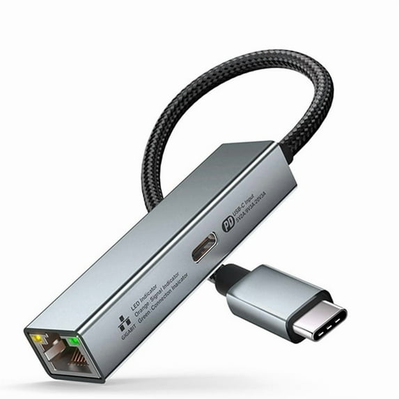 2 in 1 USB C Network Card with PD 60W Fast Charging Port 1000Mbps Type to Ethernet RJ45 Lan Gigabit Adapter for PC