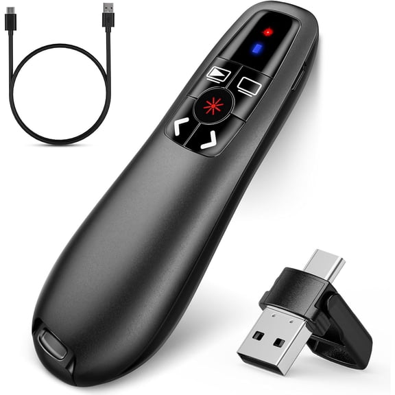 2-in-1 USB-C Presentation Clicker, Black Plastic, 2.4GHz Rechargeable Wireless Slide Remote with Volume Control