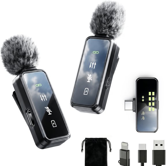 2-in-1 USB-C Wireless Lavalier Microphone Smart Noise Cancelling with Foam Windshield for Live Stream Podcast Recording Fit Phones Tablets