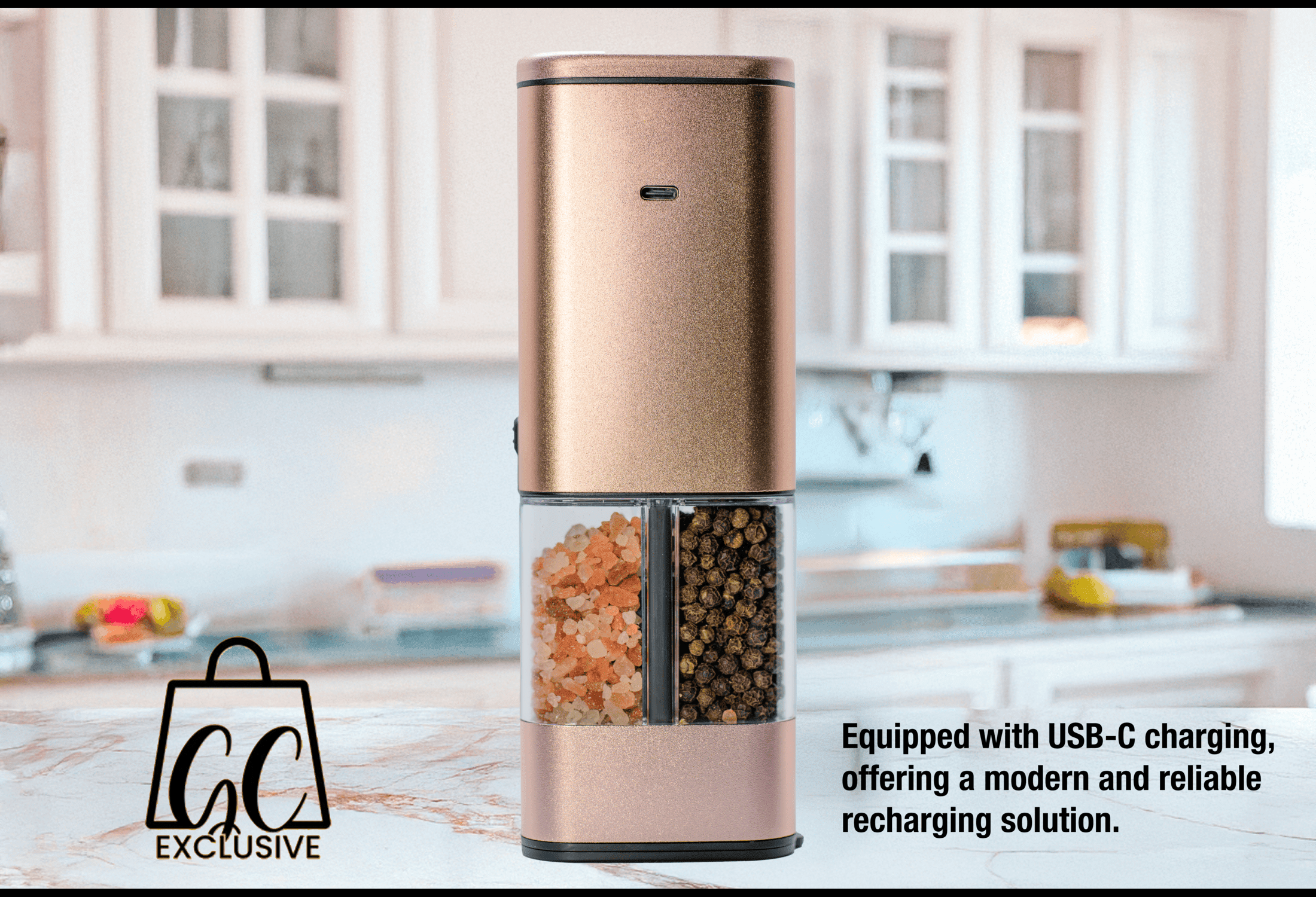 2-in-1 USB Rechargeable Salt and Pepper Grinder – Single Pack Electric Grinder with Adjustable Coarseness, LED Light, and One-Handed Operation – Neutral Color – Peachy Beige