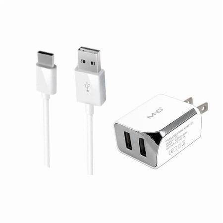 2-in-1 USB Type C Chargers Bundle for OnePlus 6, 6,5T, 5, 3T, 3, 2, OnePlus 3, OnePlus 2 (White) - 2.1Ah Travel Charger Adapter (Dual Port) + USB Charging Cable