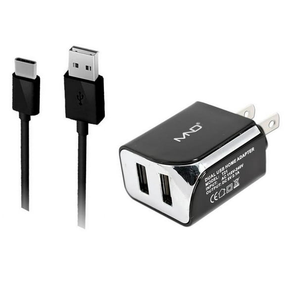 2-in-1 USB Type-C Chargers Bundle for Samsung Galaxy Note 8, S8 Edge, Active, S8 , S8+, S8 Plus (Black) - 2.1Ah Travel Charger Adapter (Dual Port) + USB Charging Cable