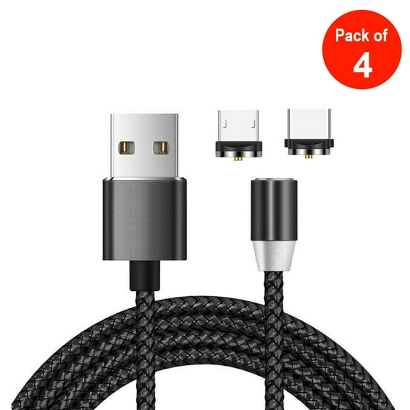 2 in 1 USB to Micro USB + Type-C / USB-C Magnetic Metal Joint Nylon Braided Charging Cable, Length - 1m - Black (pack of 4)