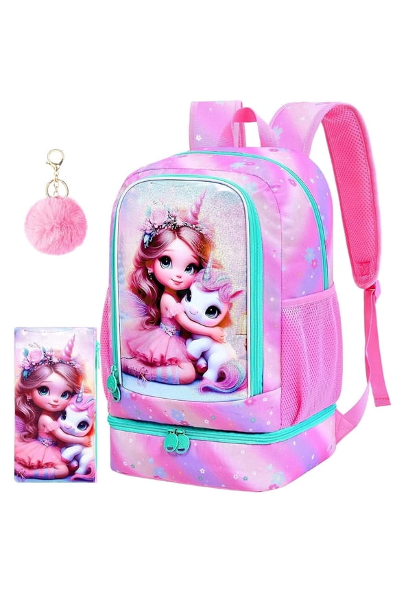 2-in-1 Unicorn Backpack for Girls,17" Elementary Kids Backpack Preschool School Bookbags and Lunch Box