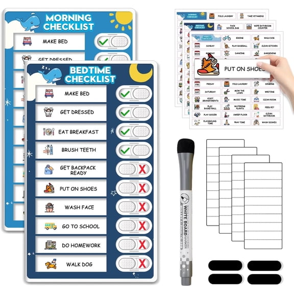 2 in 1 Upgraded Slider Morning/Bedtime Routine Chart for Kids Toddlers - Magnetic Chore Kids, Dry Erase Visual Schedule with Cute Stickers