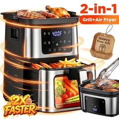 2-in-1 Versatility Digital Air Fryer & Grill, 2X Faster Cooking, 7.5 QT Air Fryer, Nonstick Basket + 100 Liners, 8 Present Cookings Air Fryer,Black