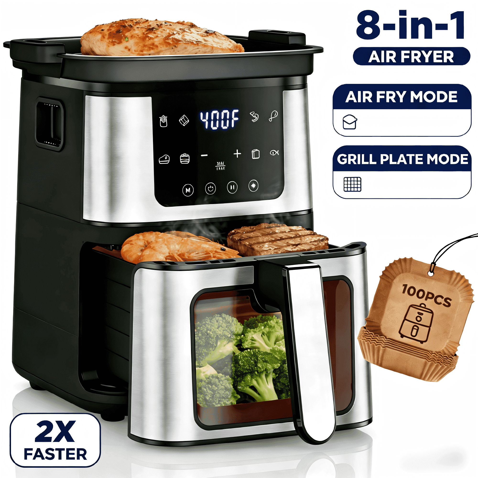 2-in-1 Versatility Digital Air Fryer & Grill 2X Faster Cooking, Air Fryer 7.5 QT, Nonstick Basket + 100 Liners, 8 Present Cookings Air Fryer,Black