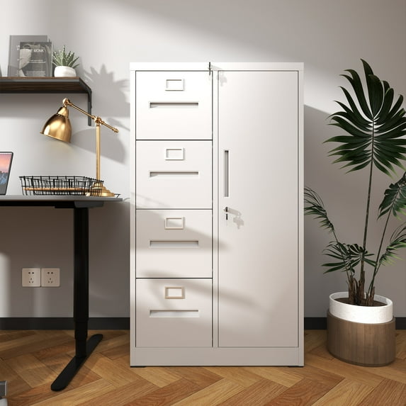 2-in-1 Vertical Filing Cabinet Metal Storage Locker with 4-Drawer & 1-Door Wardrobe Lock for Clothes, Letter/Legal/A4/F4 Documents, Home Office, Bedroom, Living Room ,White