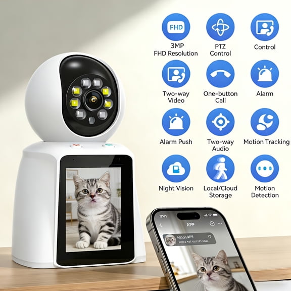 2-in-1 Video Call & Monitoring Camera with AI Auto-Tracking, Infrared Night Vision, Motion Detection, Built-in Mic, 2.4GHz WiFi for Home/Office