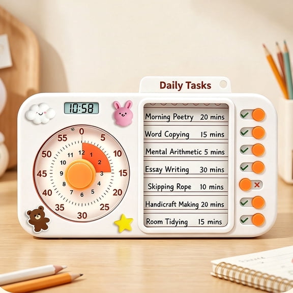 2-in-1 Visual Timer with Task Board for ADHD & Autism, Dry Erase Chore Chart and Visual Schedule for Kids & Adults, Countdown Timer for Classroom, Home, Homeschool