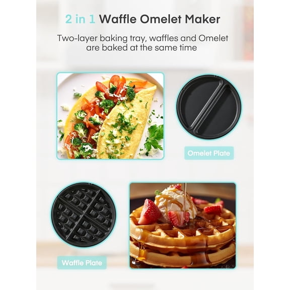 2-in-1 Waffle Maker & Omelette Maker, 1400W Double Belgian Waffle Iron 180° Flip, Adjustable Browning Control, Rotating & Nonstick Pans, Removable Drip Tray, Cool Touch Handle (Mint Green)