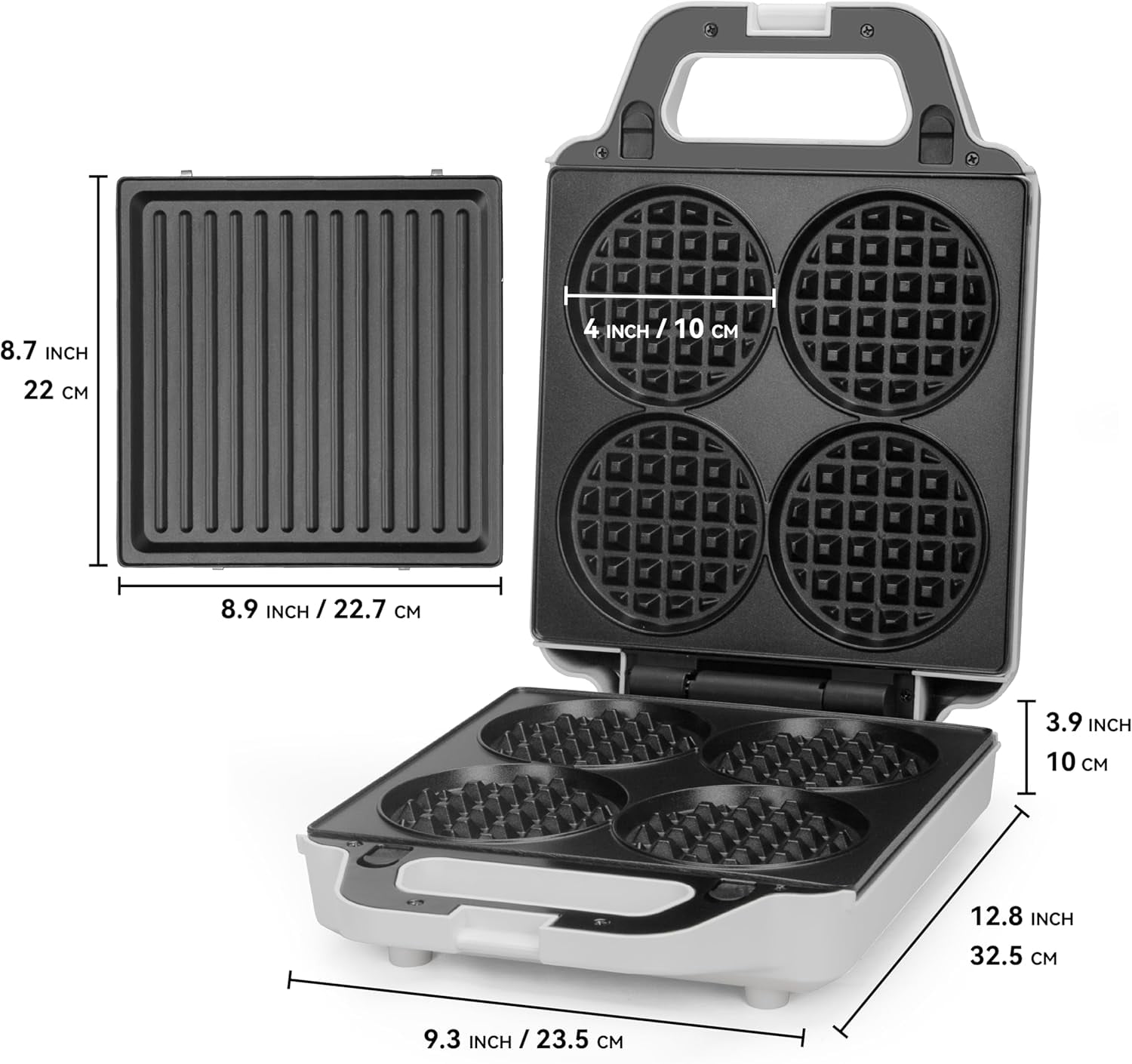 2 in 1  Waffle Maker with Removable Plates,  Press Sandwich Maker for Kids and Families, White