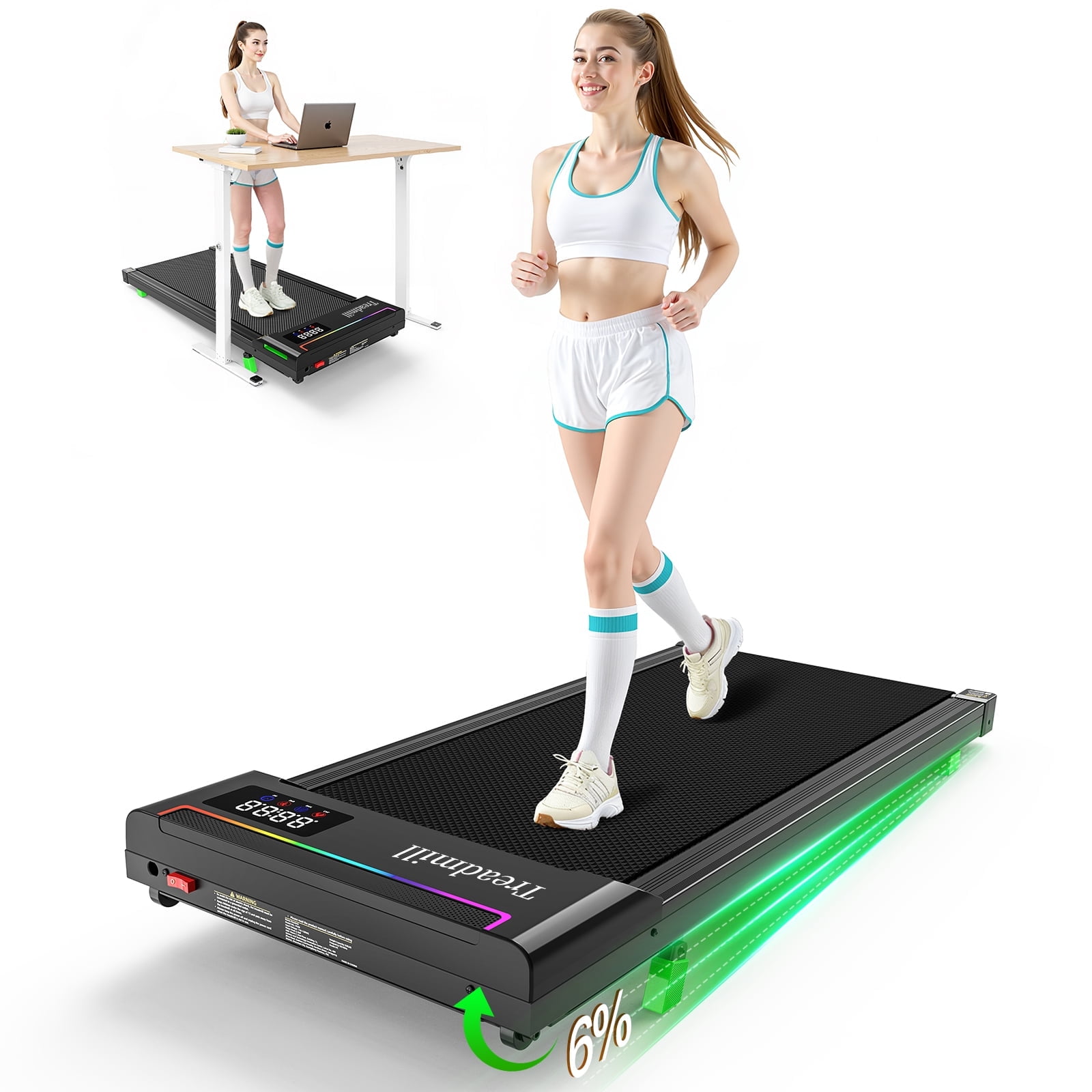 2 in 1 Walking Pad, 2.5HP Under Desk Treadmill, Brushless Motor ,0.6-4 MPH Speed Range, Portable Running Walking Machine