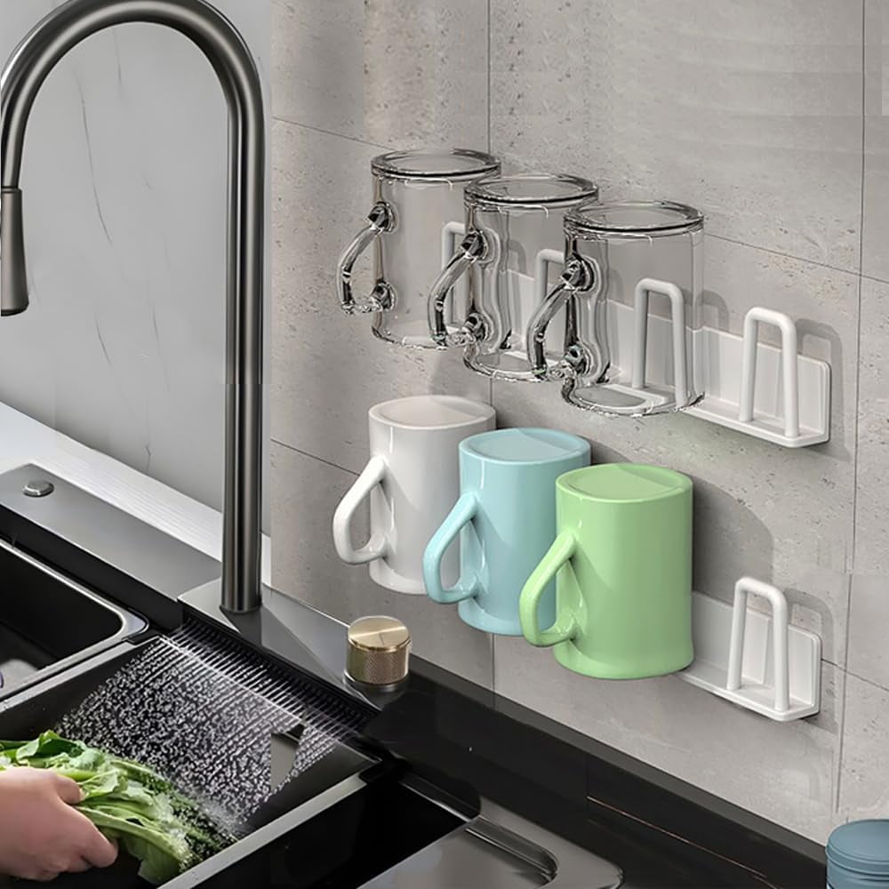 2-in-1 Wall-Mounted Mug Rack with 4 Cup Holders - No Drilling Required ...