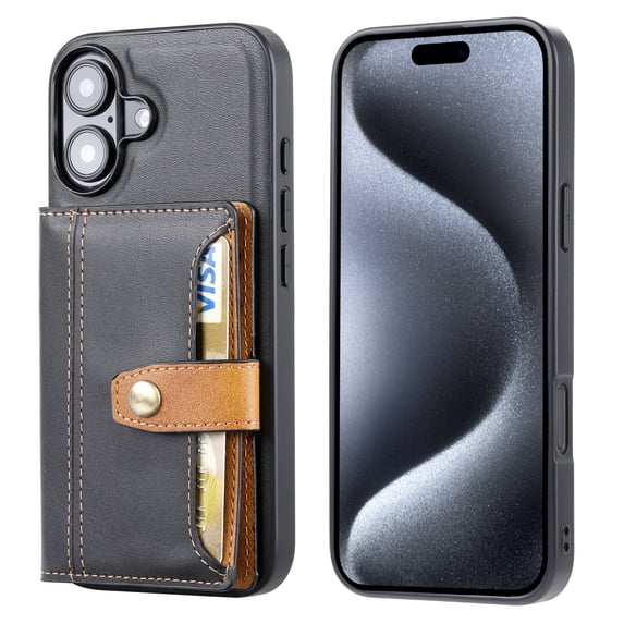 2 in 1 Wallet Back Cover for iPhone 16 PU Leather Magnetic Clasp Back Case Cover with Card Holder Pocket Slim Phone Cases for iPhone 16 - Black