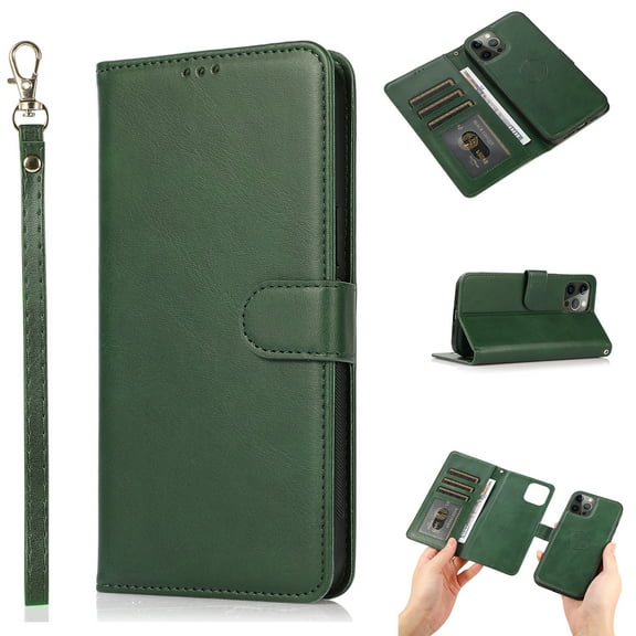 2-in-1 Wallet Case for iPhone 14 Pro (6.1") 2022, Allytech Vegan PU Leather Magnetic Detachable Shockproof Hand Strap Flip Folio Stand Protective Case for iPhone 14 Pro 5G, Green