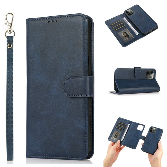 2-in-1 Wallet Case for iPhone 14 Pro Max (6.7") 2022, Allytech Vegan PU Leather Magnetic Detachable Shockproof Hand Strap Flip Folio Stand Protective Case for iPhone 14 Pro Max 5G, Blue