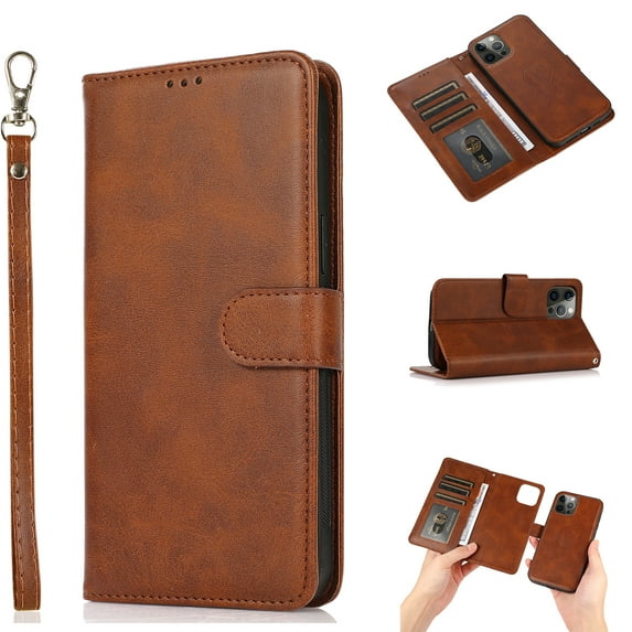 2-in-1 Wallet Case for iPhone 14 Pro Max (6.7") 2022, Allytech Vegan PU Leather Magnetic Detachable Shockproof Hand Strap Flip Folio Stand Protective Case for iPhone 14 Pro Max 5G, Brown