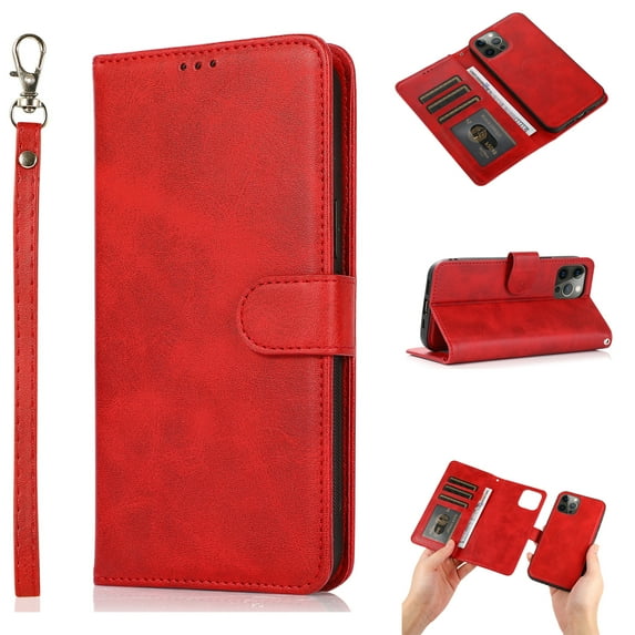 2-in-1 Wallet Case for iPhone 16 Pro Max (6.9") 2024, Allytech Vegan PU Leather Magnetic Detachable Shockproof Hand Strap Flip Folio Stand Protective Case for iPhone 16 Pro Max, Red