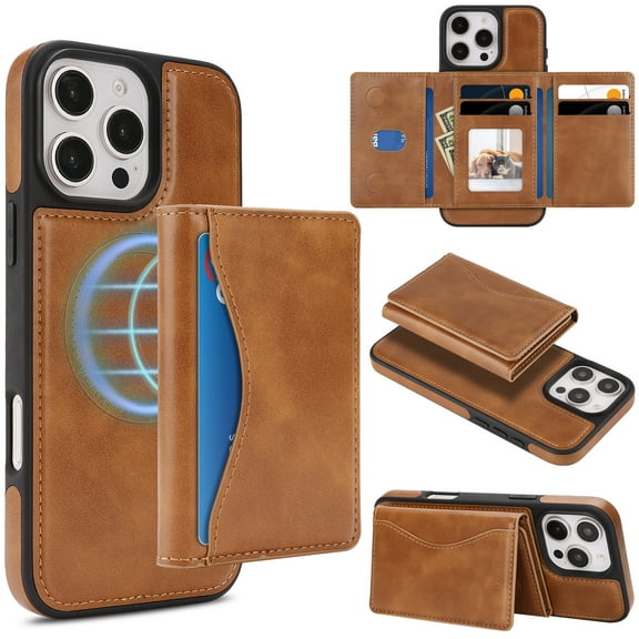 2-in-1 Wallet Case for iPhone 16 Pro, RFID Blocking PU Leather with Magnetic Detachable 9 Card & Cash Slots, Kickstand Shockproof Protective Classic Slim Cover for Women & Men, Darkbrown