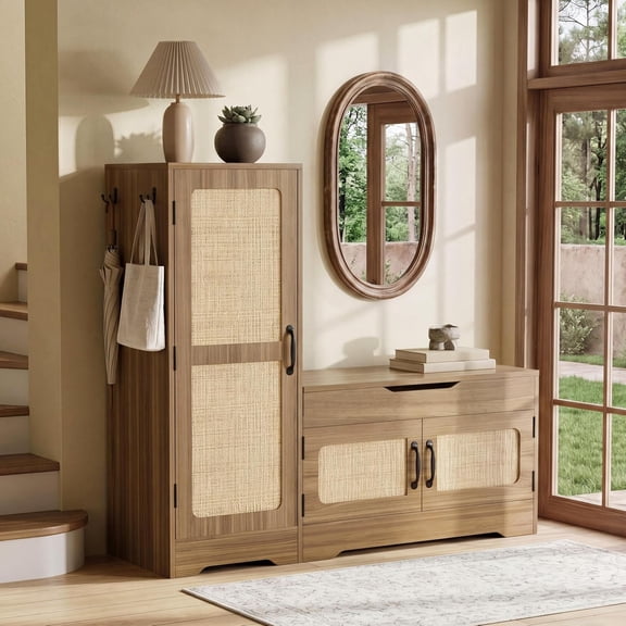 2-in-1 Walnut Rattan Shoe Storage Bench with Full-Length Mirror Space-Saving Slim Cabinet, 8-Tier Adjustable Shelves + Side Hooks for Narrow Entryways and Hallway Recessed Spaces
