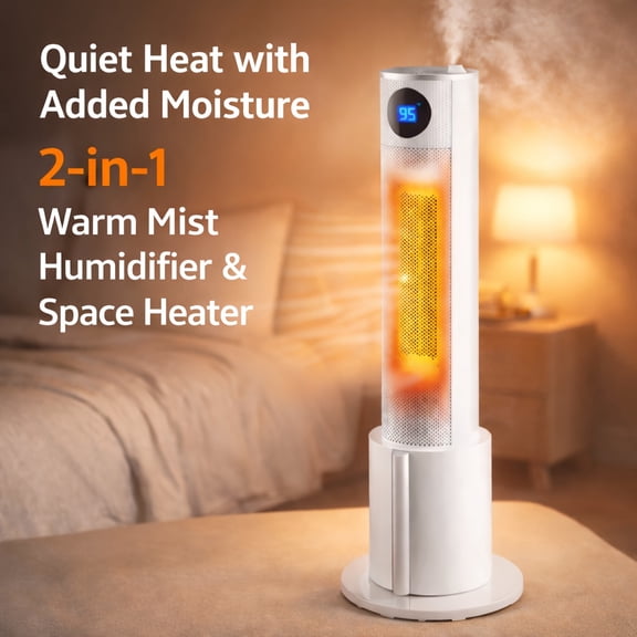 2-in-1 Warm Mist Humidifier and Tower Heater with Adjustable Thermostat - 3 Heat Modes, 12-Hour Timer, Quiet Operation for Bedrooms, Overheat and Tip-Over Protection, 1500W Power
